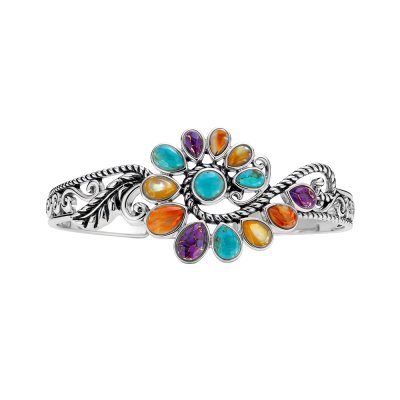 Sterling Silver Multi-Color Stone Boho Cuff Bangle 7.5 Inches