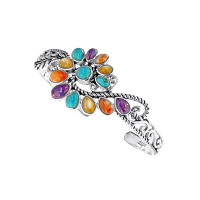 Sterling Silver Multi-Color Stone Boho Cuff Bangle 7.5 Inches