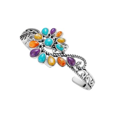 Sterling Silver Multi-Color Stone Boho Cuff Bangle 7.5 Inches
