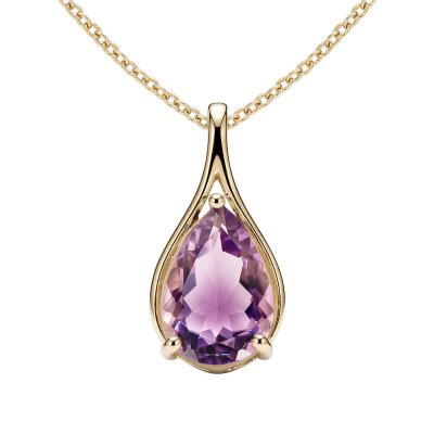 Sterling Silver Amethyst Pear Pendant Over 18K Yellow Gold Plated with Chain 18 Inches