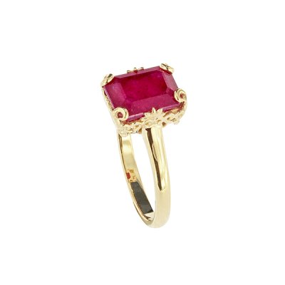 Sterling Silver Dyed Ruby Red Corundum Ring Over 18K Yellow Gold Plated