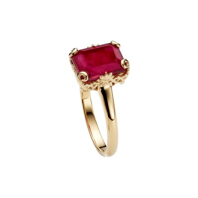 Sterling Silver Dyed Ruby Red Corundum Ring Over 18K Yellow Gold Plated