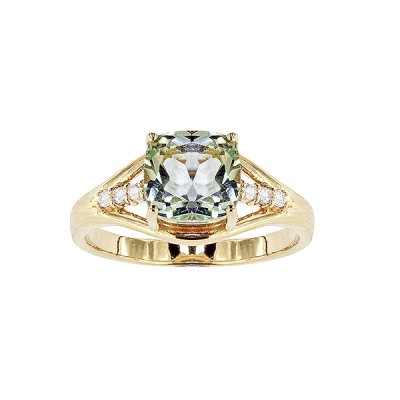 Sterling Silver Green Amethyst and White Ring Over 18K Yellow Gold Plated