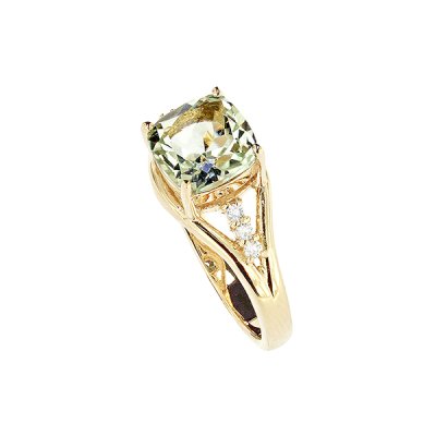 Sterling Silver Green Amethyst and White Ring Over 18K Yellow Gold Plated