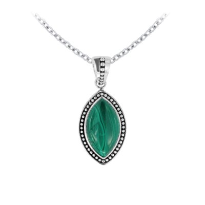Sterling Silver Malachite Marquise Pendant with Chain 18 Inches