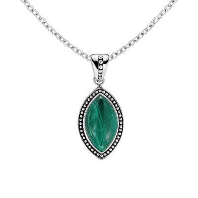 Sterling Silver Malachite Marquise Pendant with Chain 18 Inches