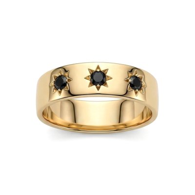 Sterling Silver Black Spinel Northstar Ring Over 18K Yellow Gold Plated