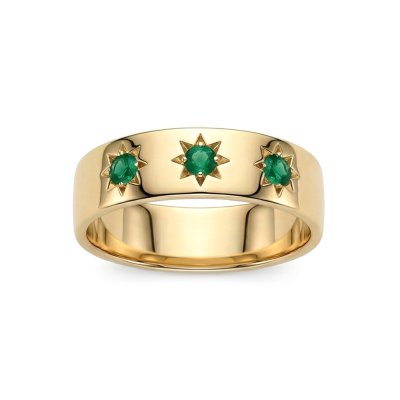 Sterling Silver Emerald Northstar Ring Over 18K Yellow Gold Plated