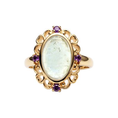 Sterling Silver Milk Aquamarine With Amethyst Ring Over 18K Yellow Gold Plated