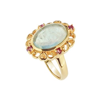 Sterling Silver Milk Aquamarine With Amethyst Ring Over 18K Yellow Gold Plated
