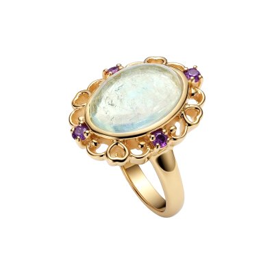 Sterling Silver Milk Aquamarine With Amethyst Ring Over 18K Yellow Gold Plated