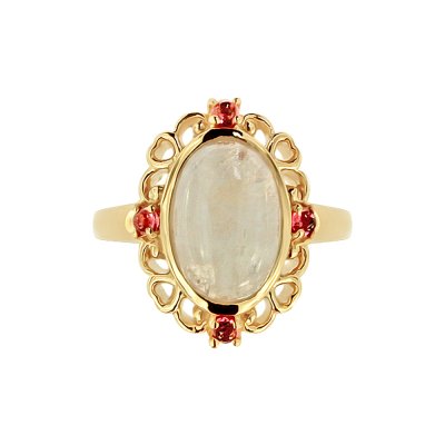 Sterling Silver Rainbow Moonstone With Pink Tourmaline Ring Over 18K Yellow Gold Plated