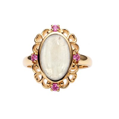 Sterling Silver Rainbow Moonstone With Pink Tourmaline Ring Over 18K Yellow Gold Plated