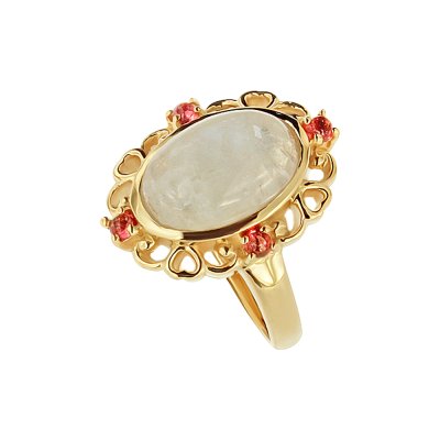 Sterling Silver Rainbow Moonstone With Pink Tourmaline Ring Over 18K Yellow Gold Plated