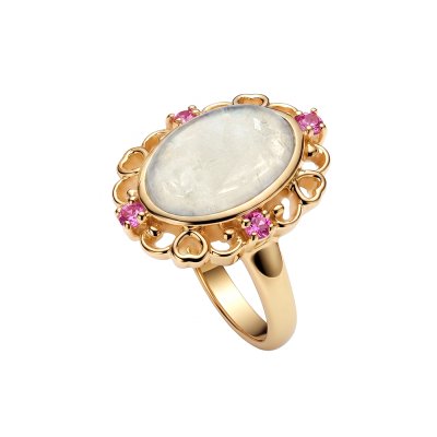 Sterling Silver Rainbow Moonstone With Pink Tourmaline Ring Over 18K Yellow Gold Plated