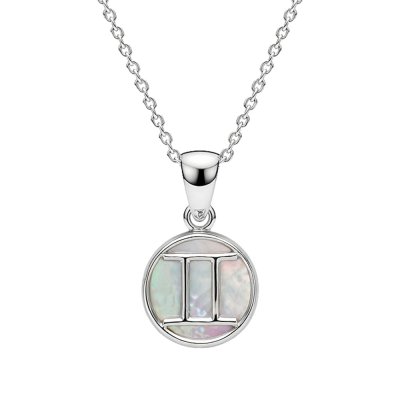 Sterling Silver Mother of Pearl Gemini Zodiac Pendant With Chain 18 Inches