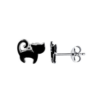 Sterling Silver Black Enamel Cat Earrings