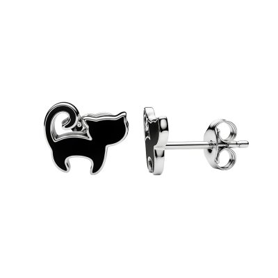 Sterling Silver Black Enamel Cat Earrings