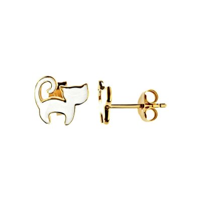 Sterling Silver White Enamel Cat Earrings Over 18K Yellow Gold Plated