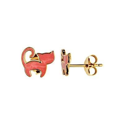 Sterling Silver Pink Enamel Cat Earrings Over 18K Yellow Gold Plated