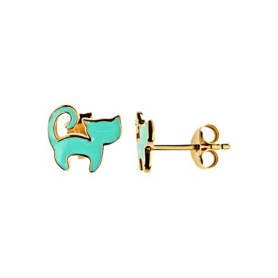 Sterling Silver Mint Green Enamel Cat Earrings Over 18K Yellow Gold Plated