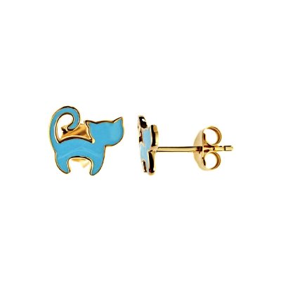 Sterling Silver Ocean Blue Enamel Cat Earrings Over 18K Yellow Gold Plated