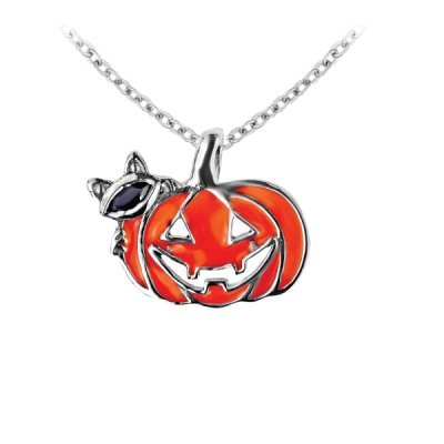 Sterling Silver Enamel Halloween Pumpkin (Jack-o'-lantern) Pendant with Chain 18 Inches