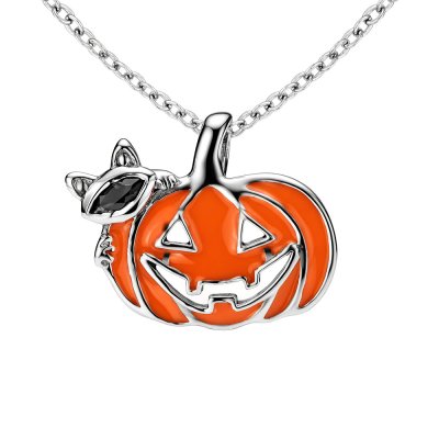 Sterling Silver Enamel Halloween Pumpkin (Jack-o'-lantern) Pendant with Chain 18 Inches