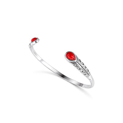 Sterling Silver Red Coral Bangle 7.5 Inches