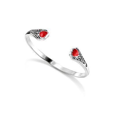 Sterling Silver Red Coral Bangle 7.5 Inches