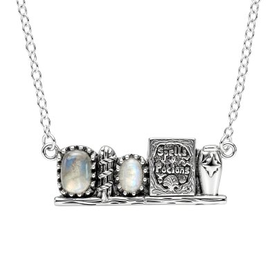 Sterling Silver Rainbow Moonstone with Labradorite Magical Grimoire Necklace 18 Inches