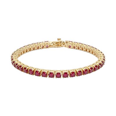 Sterling Silver Ruby Round 3 mm Bracelet Over 18K Yellow Gold Plated 7.25 Inches