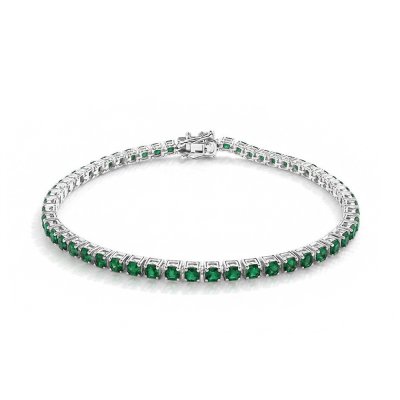 Sterling Silver Emerald Round 3 mm Bracelet Over Rhodium Plated 7.25 Inches