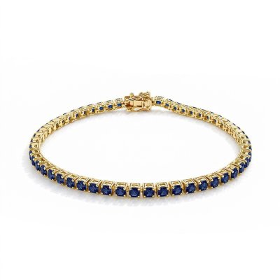 Sterling Silver Blue Sapphire Round 3 mm Bracelet Over 18K Yellow Gold Plated 7.25 Inches