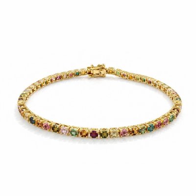 Sterling Silver Multi Tourmaline Round 3 mm Bracelet Over 18K Yellow Gold Plated 7.25 Inches