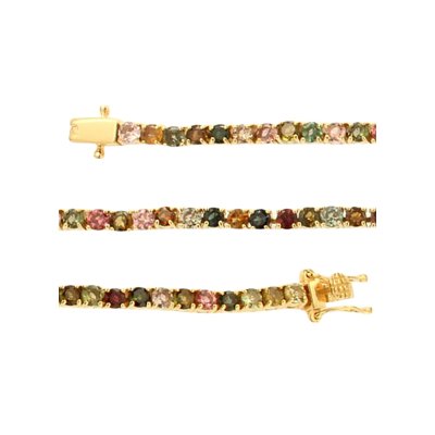 Sterling Silver Multi Tourmaline Round 3 mm Bracelet Over 18K Yellow Gold Plated 7.25 Inches