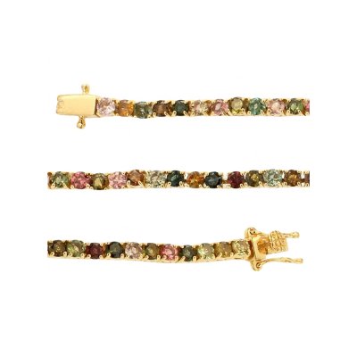 Sterling Silver Multi Tourmaline Round 3 mm Bracelet Over 18K Yellow Gold Plated 7.25 Inches