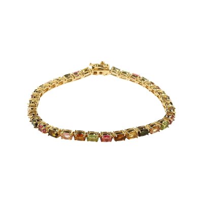 Sterling Silver Multi Tourmaline Oval 5x3 mm. Bracelet Over 18K Yellow Gold Plated 7.25 Inches