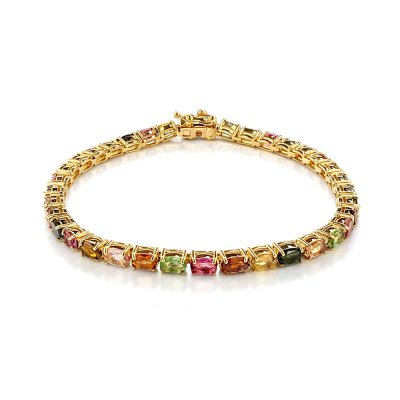 Sterling Silver Multi Tourmaline Oval 5x3 mm. Bracelet Over 18K Yellow Gold Plated 7.25 Inches