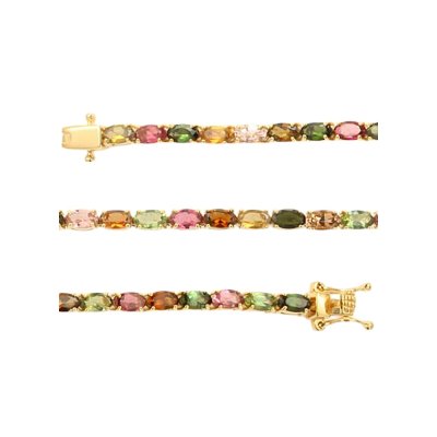 Sterling Silver Multi Tourmaline Oval 5x3 mm. Bracelet Over 18K Yellow Gold Plated 7.25 Inches