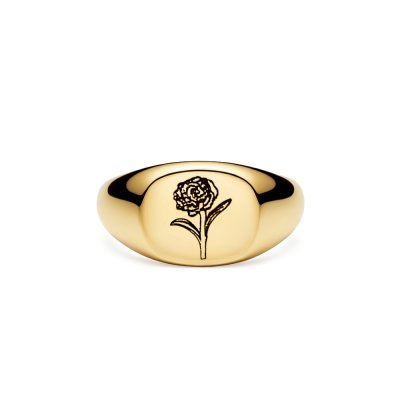 Sterling Silver Carnation (Flower of Month) Signet Ring Over 18K Yellow Gold Plated