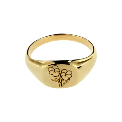 Sterling Silver Violet (Flower of Month) Signet Ring Over 18K Yellow Gold Plated