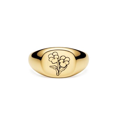 Sterling Silver Violet (Flower of Month) Signet Ring Over 18K Yellow Gold Plated