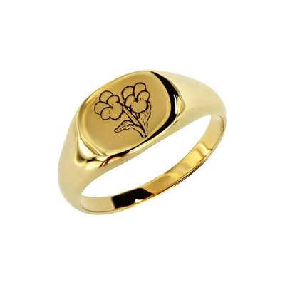 Sterling Silver Violet (Flower of Month) Signet Ring Over 18K Yellow Gold Plated