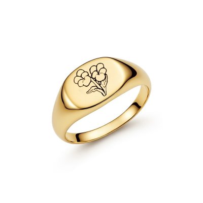 Sterling Silver Violet (Flower of Month) Signet Ring Over 18K Yellow Gold Plated