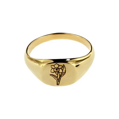 Sterling Silver Daffodil (Flower of Month) Signet Ring Over 18K Yellow Gold Plated