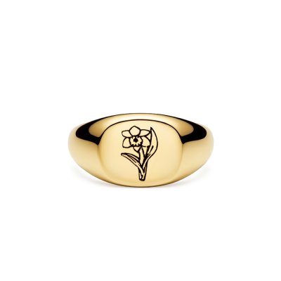 Sterling Silver Daffodil (Flower of Month) Signet Ring Over 18K Yellow Gold Plated