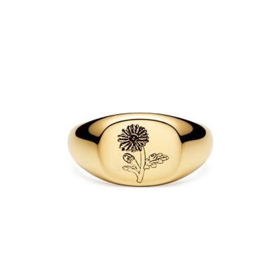 Sterling Silver Daisy (Flower of Month) Signet Ring Over 18K Yellow Gold Plated