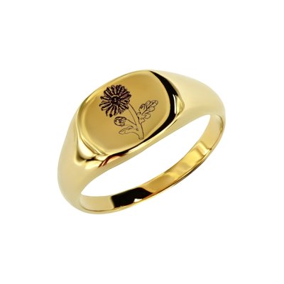 Sterling Silver Daisy (Flower of Month) Signet Ring Over 18K Yellow Gold Plated