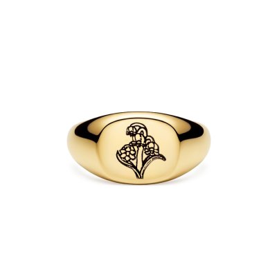 Sterling Silver Lily Of The Valley (Flower of Month) Signet Ring Over 18K Yellow Gold Plated